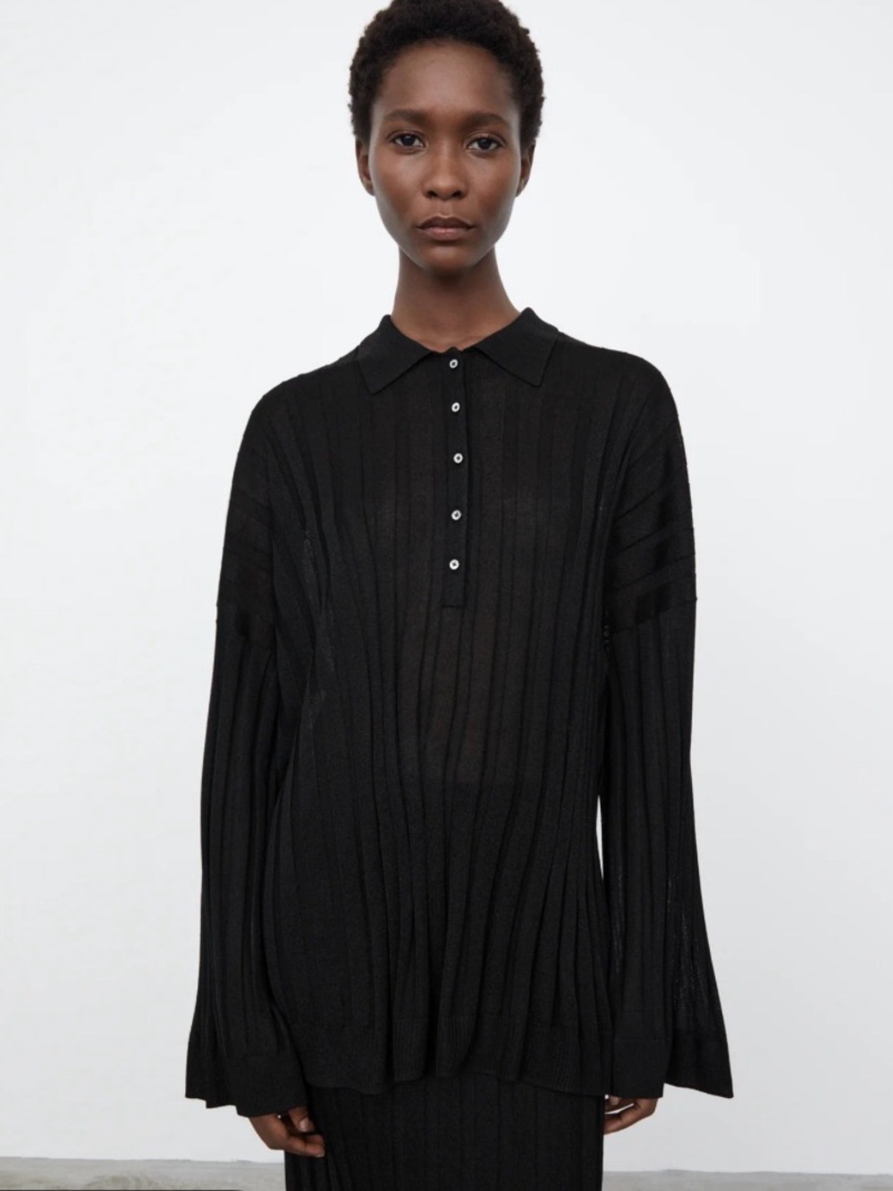 Toteme Black Ribbed Knit Polo Shirt Long Sleeve Oversized Top XS